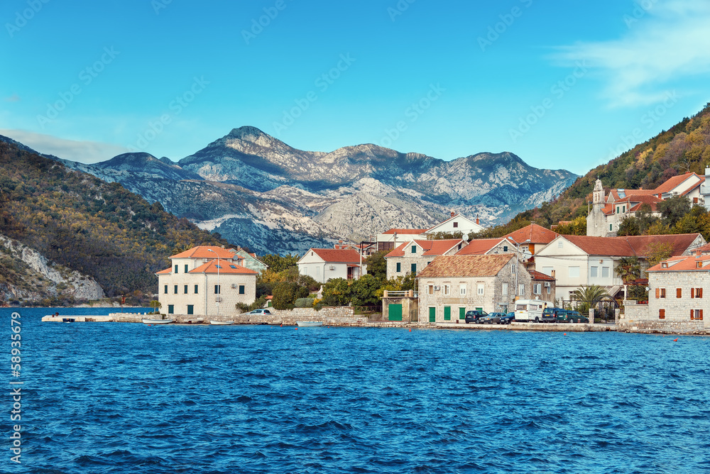 Bay of Kotor and  Lepetane village. Montenegro, winter