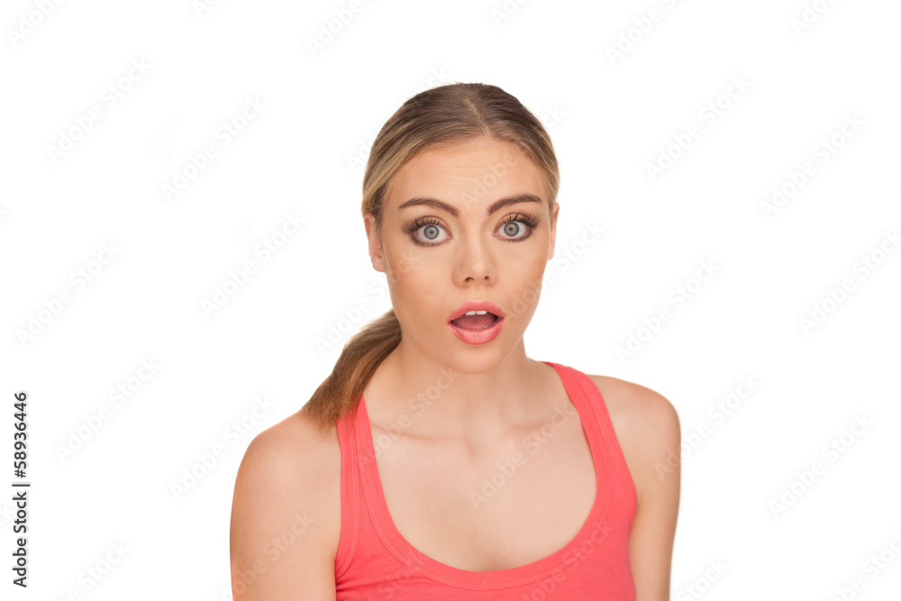 Portrait of a shocked woman on white background Portrait of a shocked woman on white background
