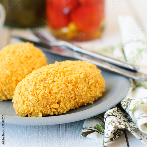 Cornflake Crusted Chicken Patties Stuffed with Cheese (Zrazy)