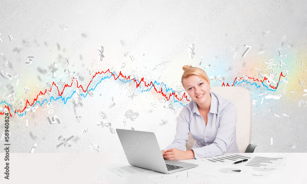 Business woman sitting at table with stock market graph Business woman sitting at table with stock market graph