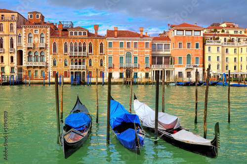 Gondolas on Grand Canal in Venice, Italy.