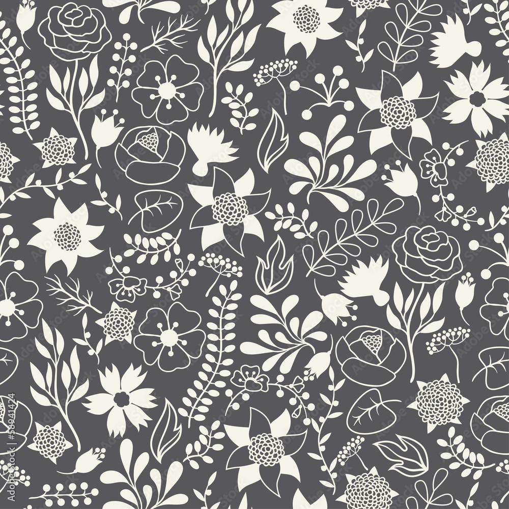 Romantic seamless pattern of various flowers in retro style. Romantic seamless pattern of various flowers in retro style.