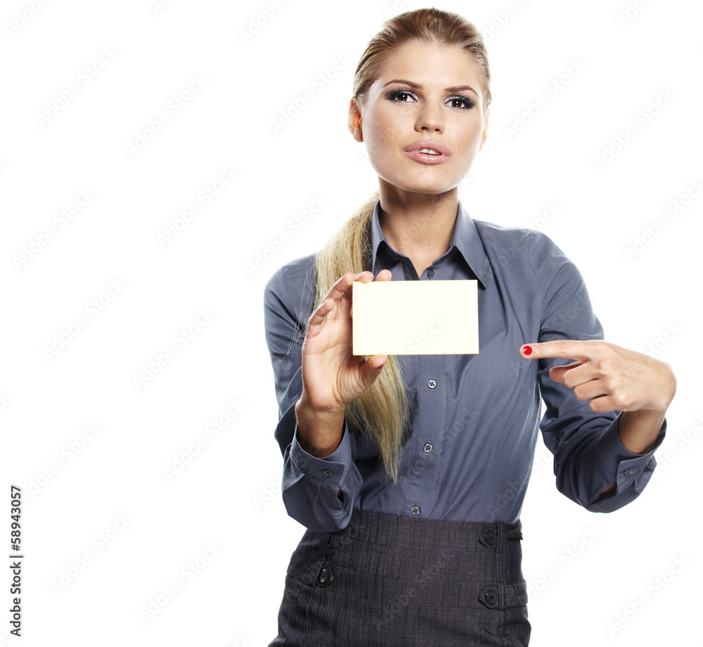 Happy blond woman showing blank credit card. Happy blond woman showing blank credit card.
