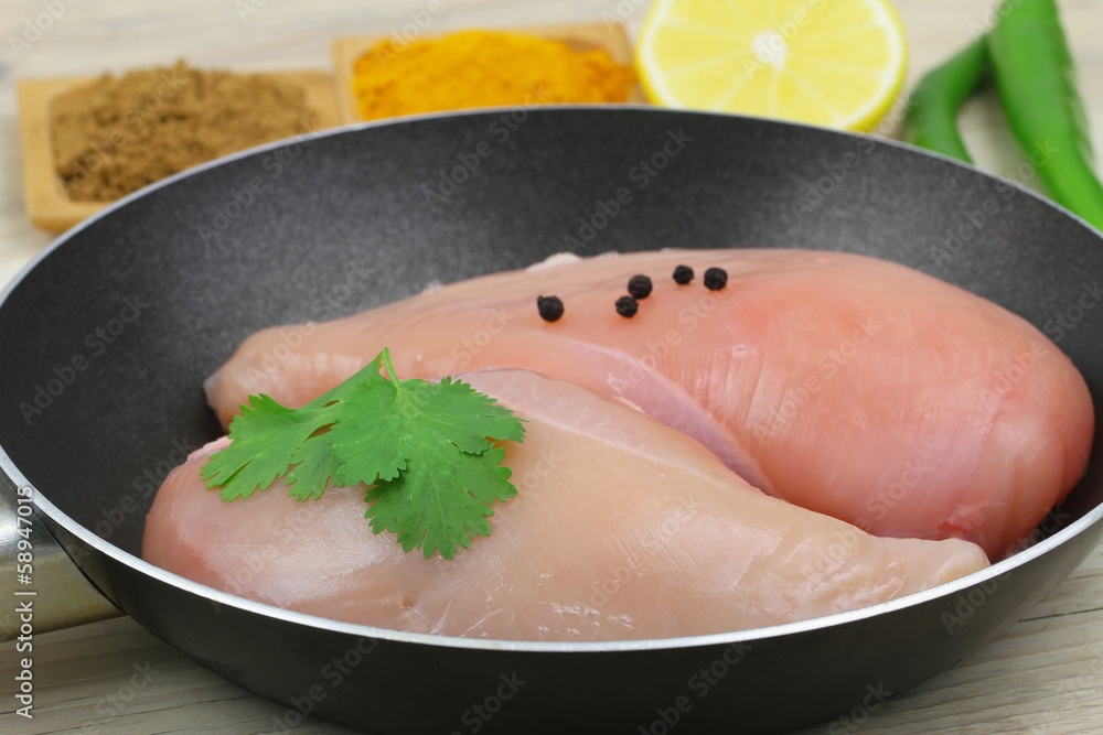 Chicken breast with coriander leaves in frying pan Chicken breast with coriander leaves in frying pan