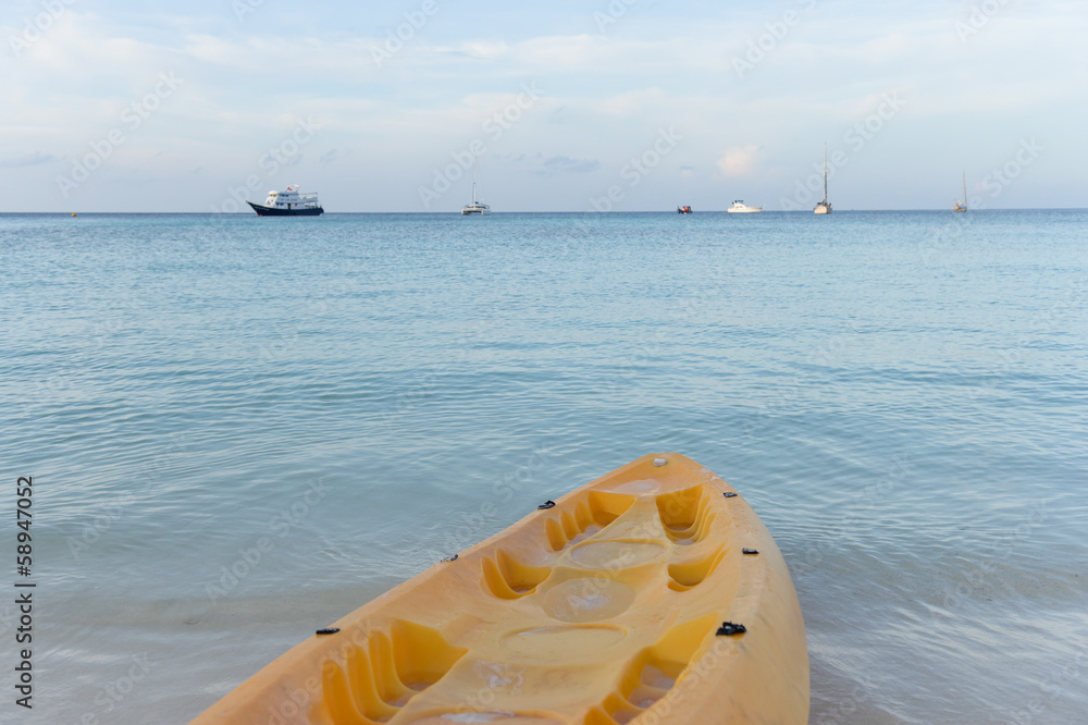 Paddle boats on white sandy beach and blue sea