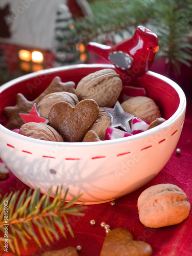 Christmas cookies, candy and nuts photo