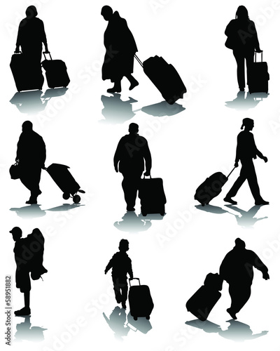 Black silhouettes of travelers with suitcases, vector