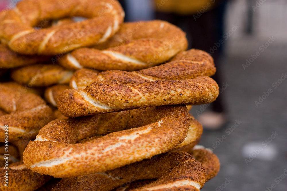simit bread at a traditional bread stand in Turkey. simit bread at a traditional bread stand in Turkey.