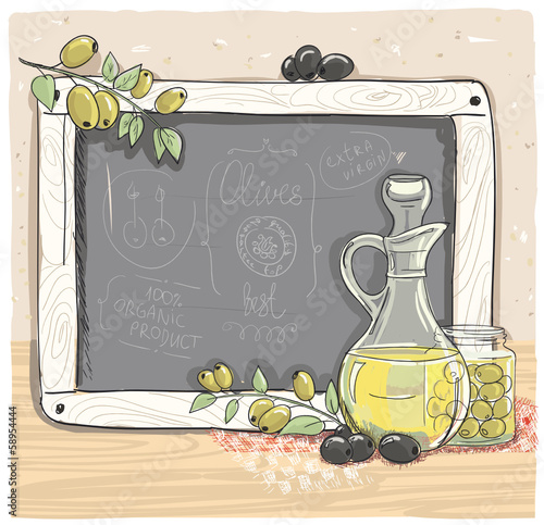 Illustration of olives and a bottle of olive oil with chalk boar