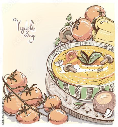 Illustration of vegetable soup with tomatoes