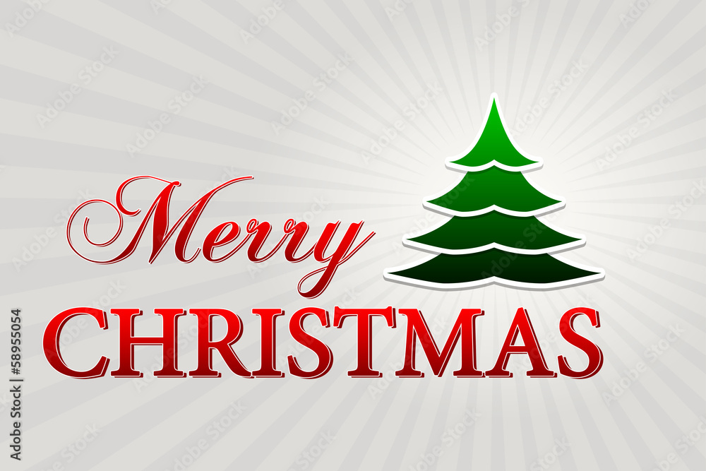 merry christmas with christmas tree over silver rays, horizontal merry christmas with christmas tree over silver rays, horizontal