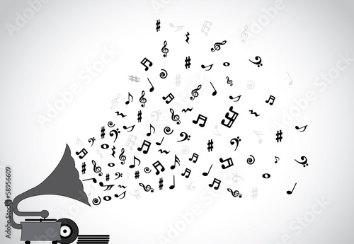 Gramophone silhouette playing music notes concept musical art