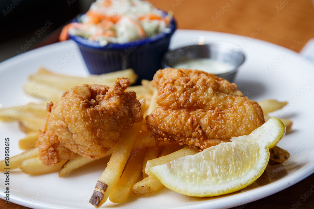 Fish and Chips with Lemon Wedge and Slaw Fish and Chips with Lemon Wedge and Slaw