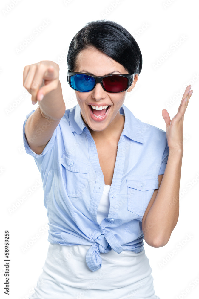 Girl in 3D spectacles touching the imaginary screen Girl in 3D spectacles touching the imaginary screen