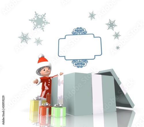 santa claus with gift and curlicue label sign