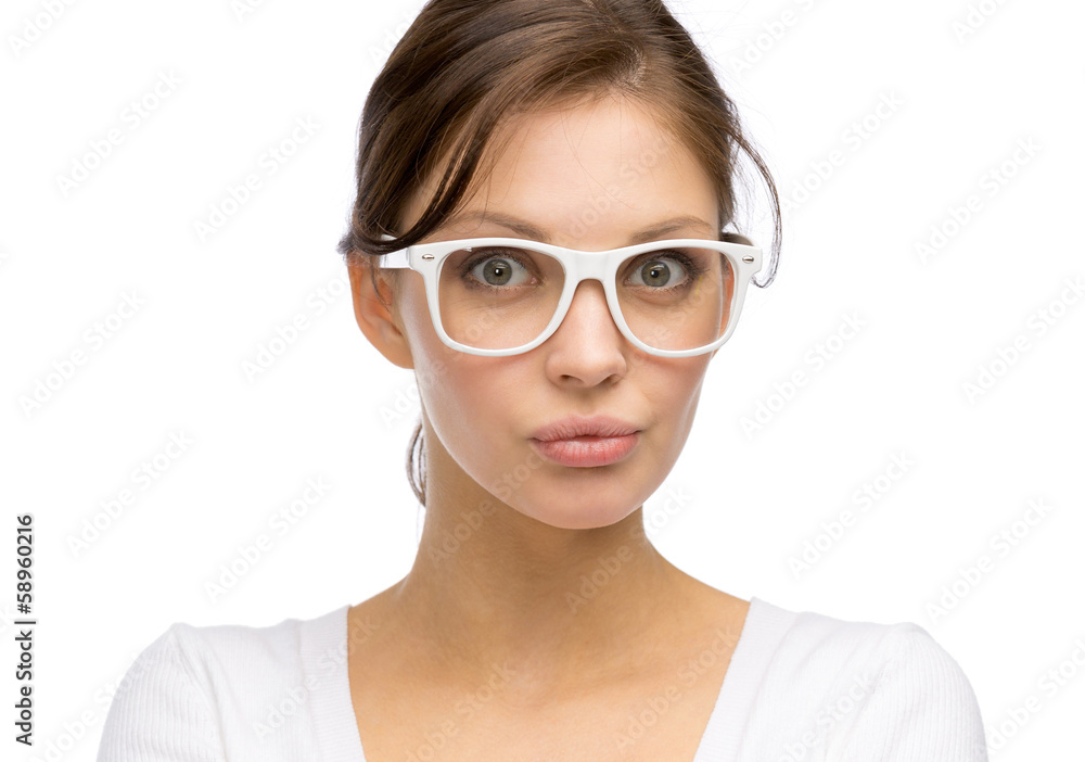 Portrait of business woman wearing white frame glasses