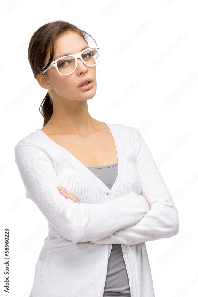 Half-length portrait of businesswoman with crossed hands Half-length portrait of businesswoman with crossed hands