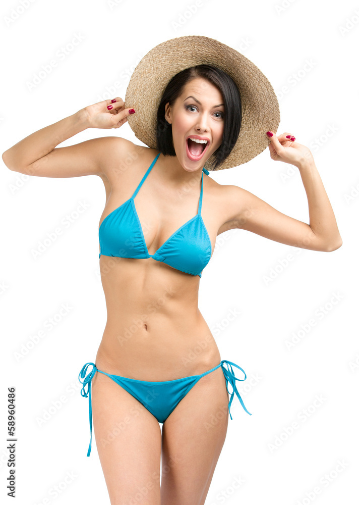 Portrait of woman wearing bikini and hat, isolated Portrait of woman wearing bikini and hat, isolated