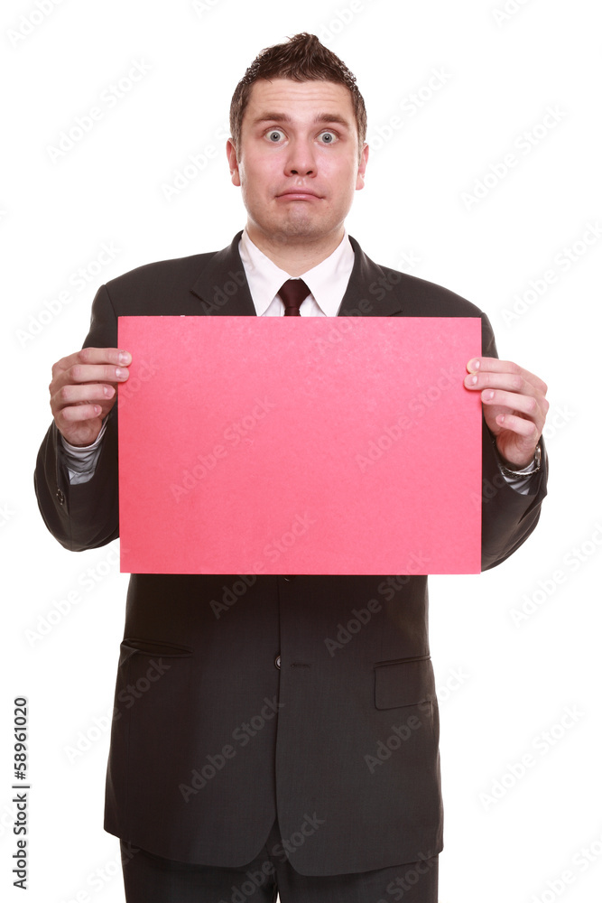 Funny man holding red sign empty board isolated Funny man holding red sign empty board isolated