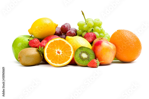 Close up of heap of fruit, isolated on white background