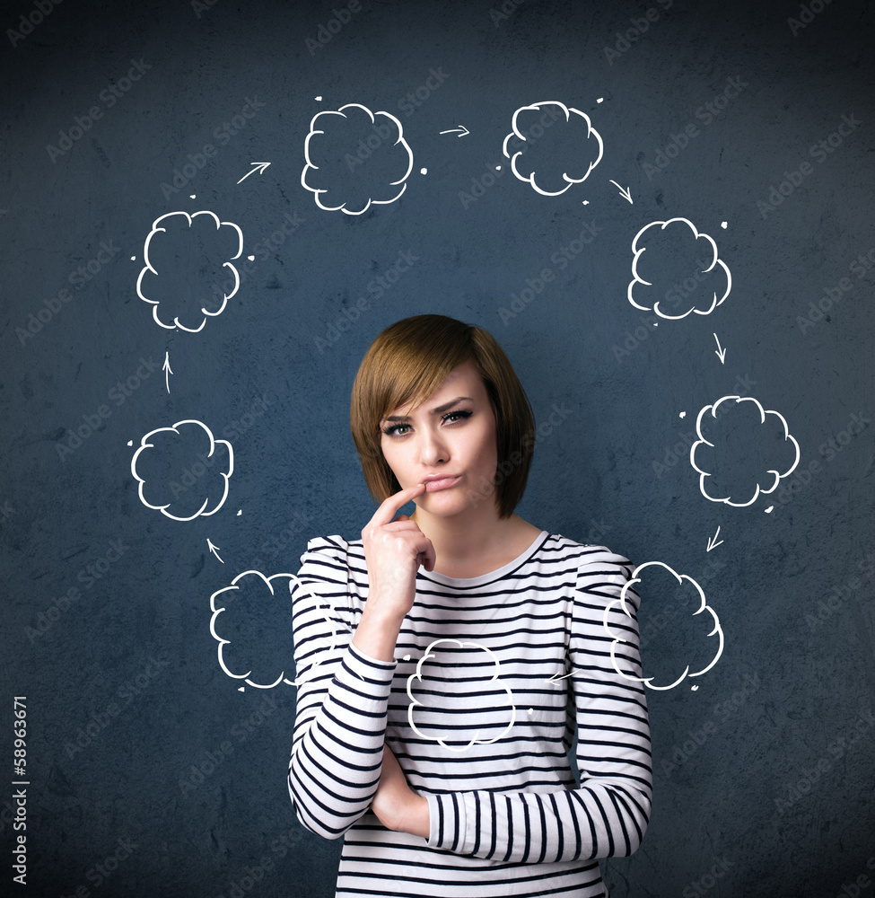 Young woman thinking with cloud circulation around her head