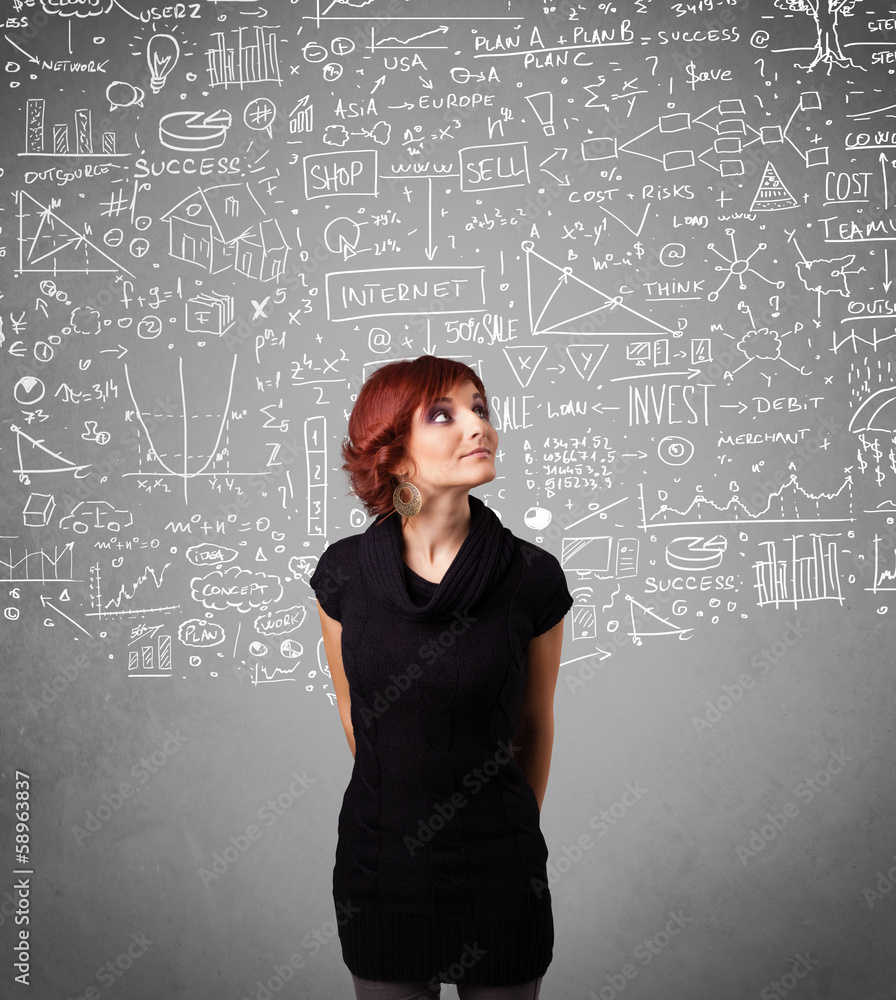 Young pretty lady with hand drawn calculations and icons Young pretty lady with hand drawn calculations and icons