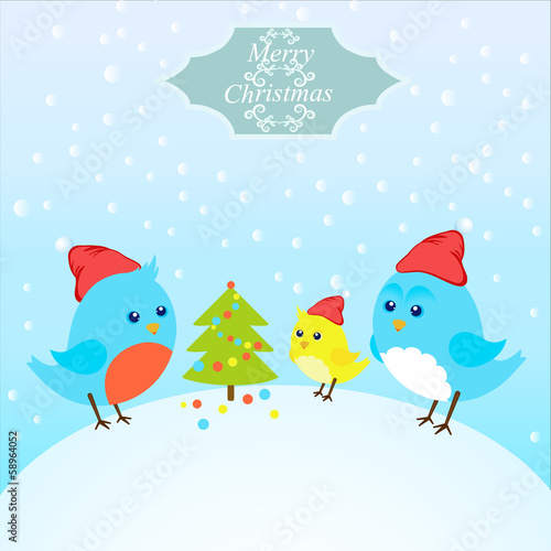 Christmas card with cheery party,drawing of birds