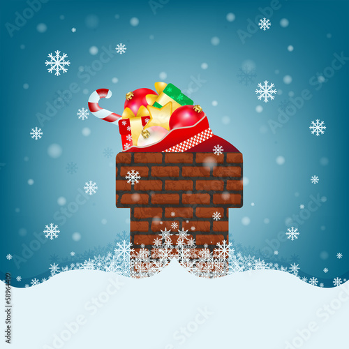 Christmas card with chimney and big bags of gifts from Santa Cla