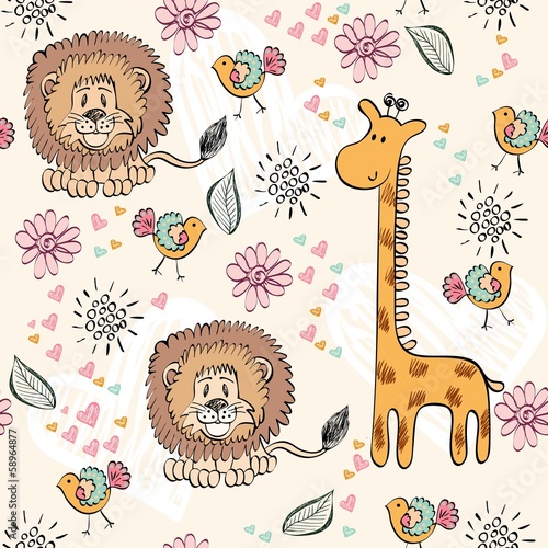 babies hand draw seamless pattern with animals