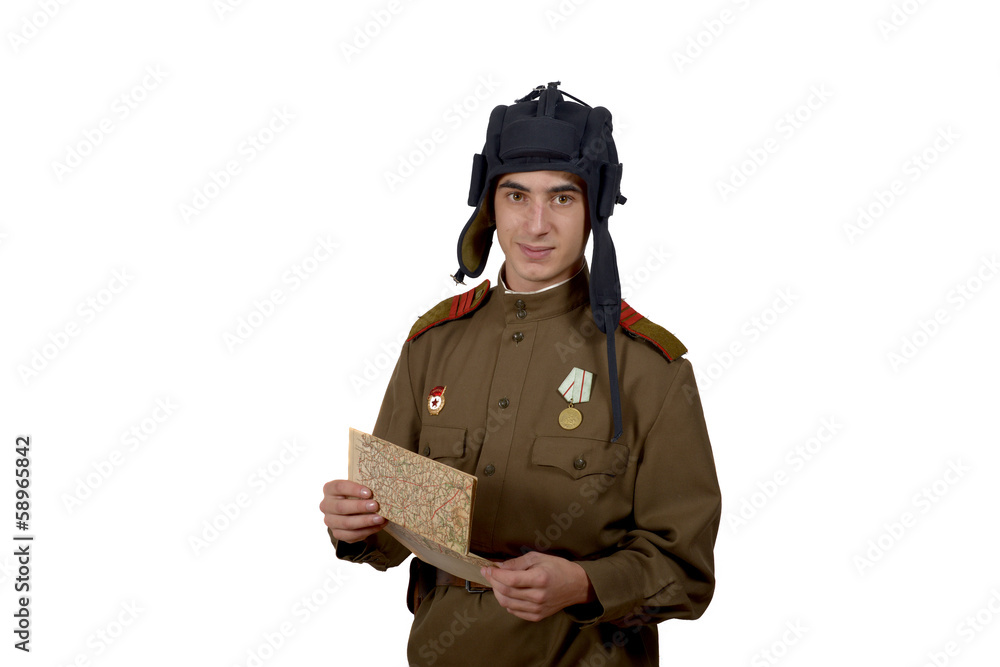 young Soviet tanker look at a map young Soviet tanker look at a map