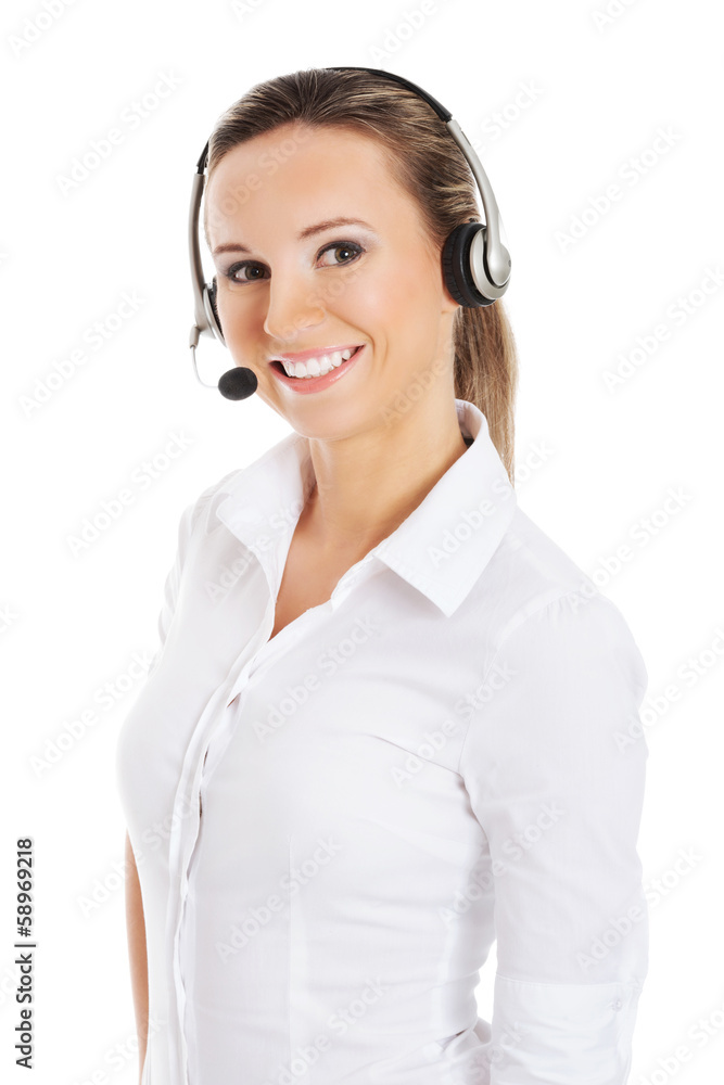 Young business woman in headphones and microphone. Young business woman in headphones and microphone.