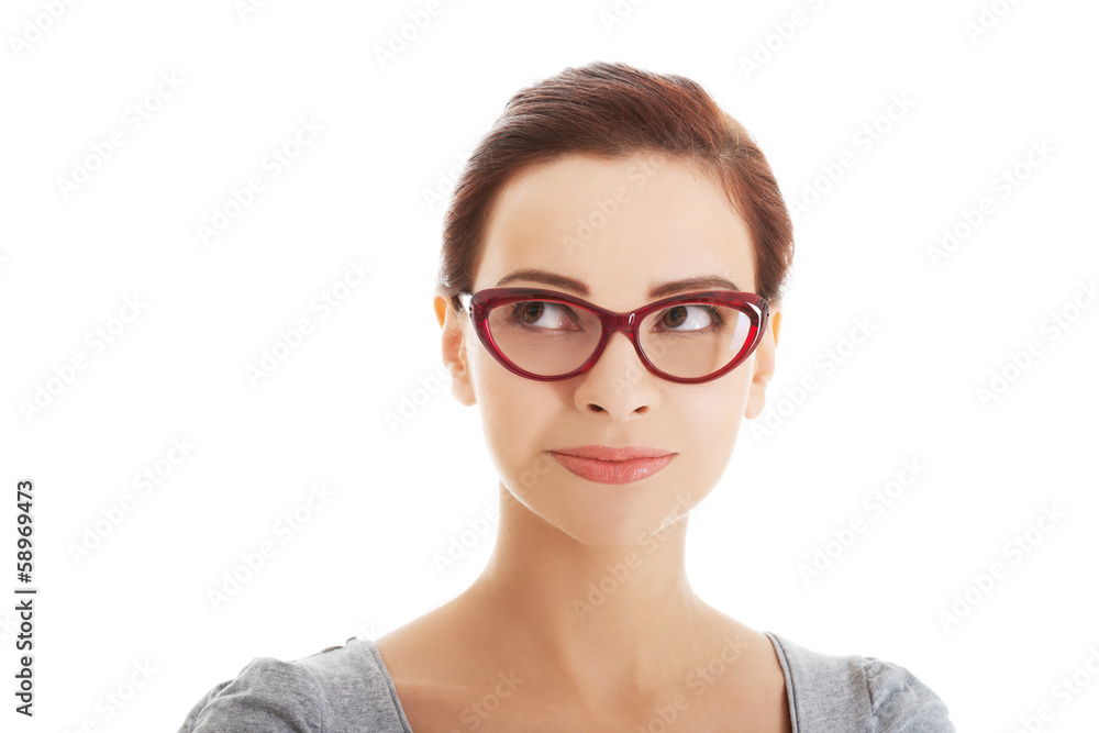 Portrait of beautiful woman in red eyeglasses. Portrait of beautiful woman in red eyeglasses.