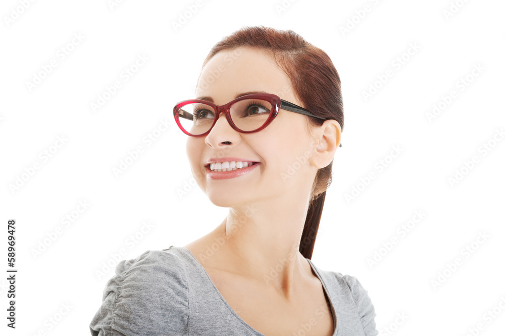 Portrait of beautiful woman in red eyeglasses. Portrait of beautiful woman in red eyeglasses.