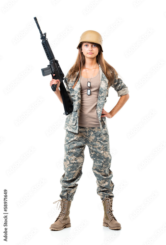Soldier young beautiful girl dressed in a camouflage with a gun Soldier young beautiful girl dressed in a camouflage with a gun