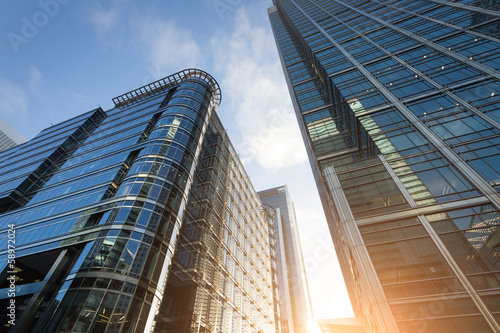 Business building in Canary Wharf at sunset.