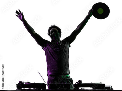 disc jockey man happy joy arms raised silhouette