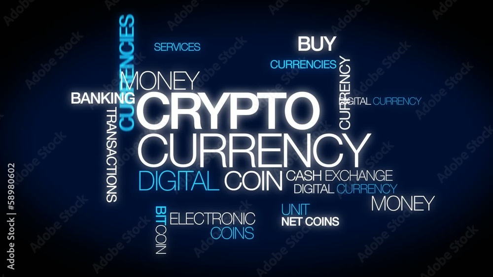 Crypto currency animation tag cloud digital money coin