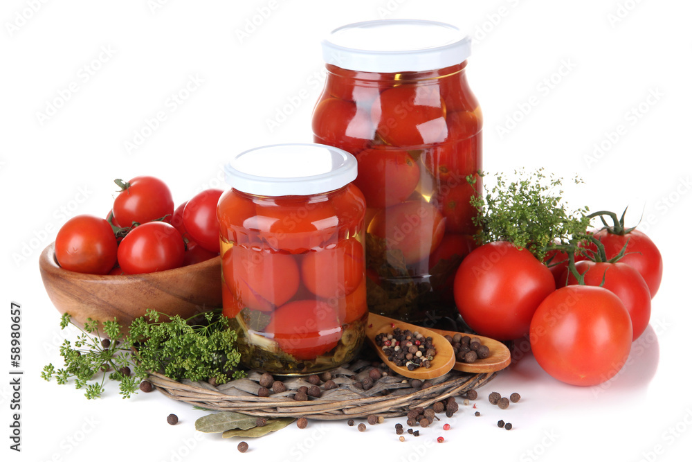 Tasty canned and fresh tomatoes, isolated on white Tasty canned and fresh tomatoes, isolated on white