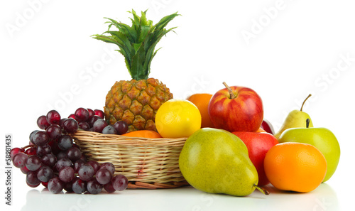 Fototapeta Naklejka Na Ścianę i Meble -  Ripe fruits in basket isolated on white