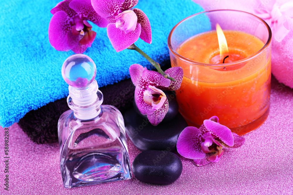 Beautiful spa setting with orchid close-up Beautiful spa setting with orchid close-up