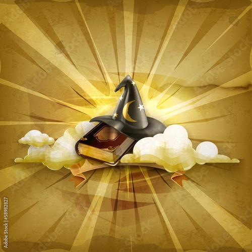 Wizard hat and old book, old style vector background