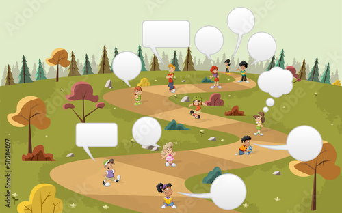 Cartoon children talking over path on the green park