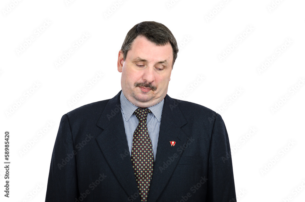 Man with double chin looks at the communist pin Man with double chin looks at the communist pin