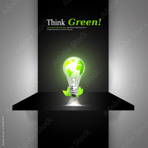 Eco bulb light in the dark. Realistic vector design. Green think