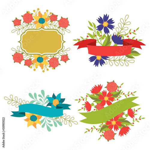 Set of design elements with ribbons, labels and flowers .