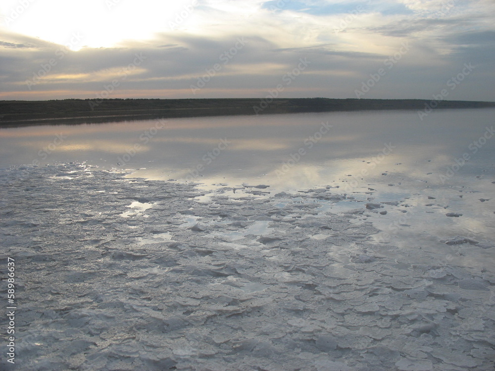 Соляные пластины на берегу высыхающего озера