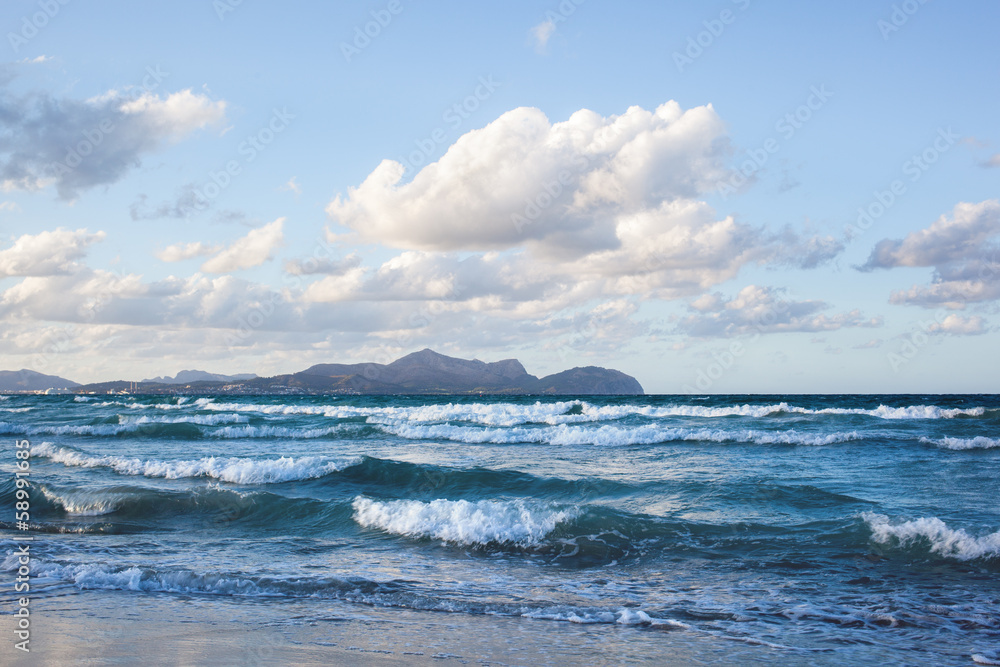 Waves on beach of Can Picafort, Mallorca, Balearic Islands, Spai