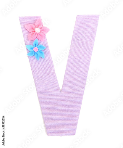 Letter V created with brightly colored knitting yard isolated