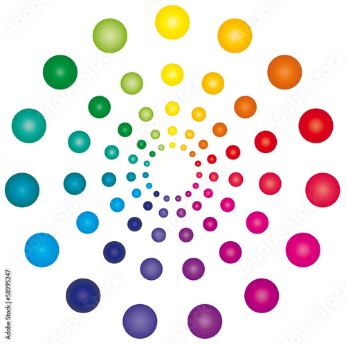 Farbkreis aus bunten Kugeln - Logo für Kreativität und Bewegung, Farbschema und Verläufen von Farben, Vektor, isoliert