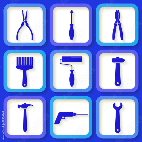 Set of 9 retro blue worker's tools. Eps10